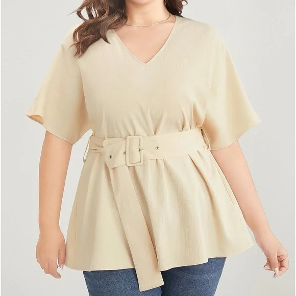 BloomChic Cream V Neck Belted Short Sleeve Top Plus Size 22/24 3X - Picture 1 of 5